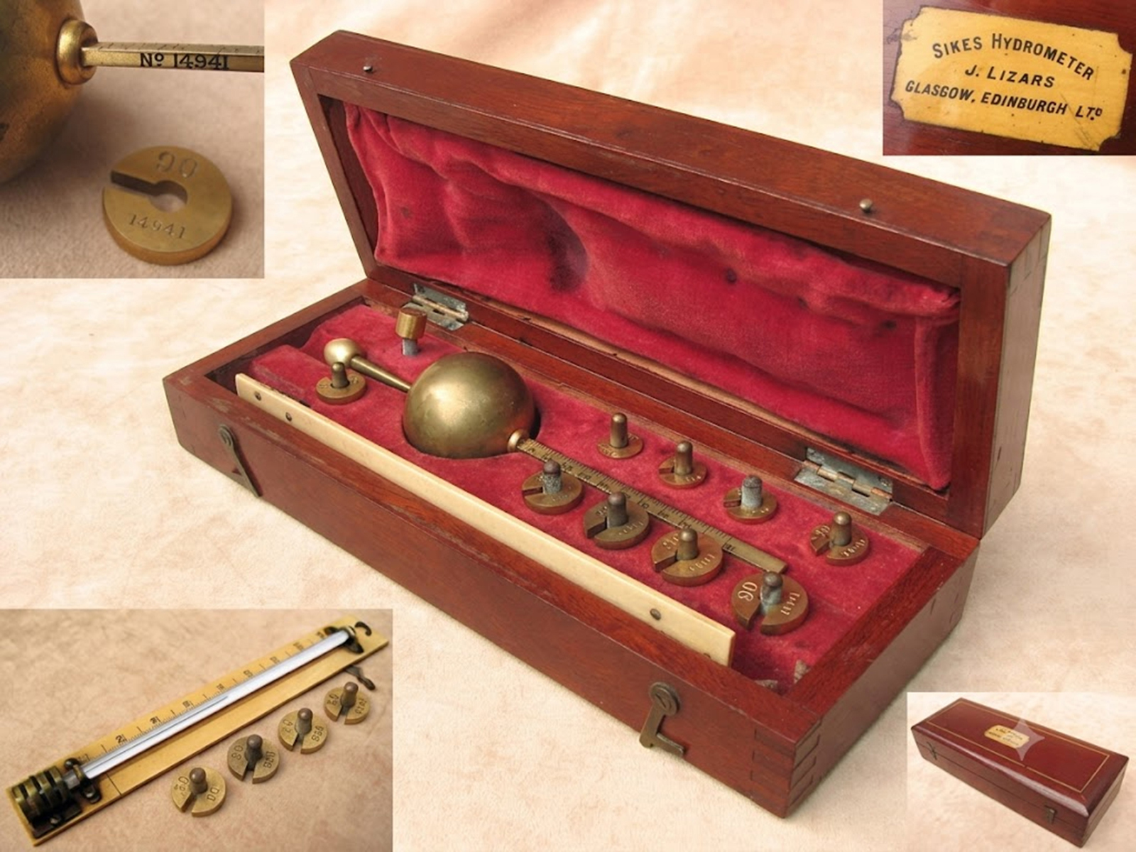 19th century Sikes hydrometer set by J Lizars